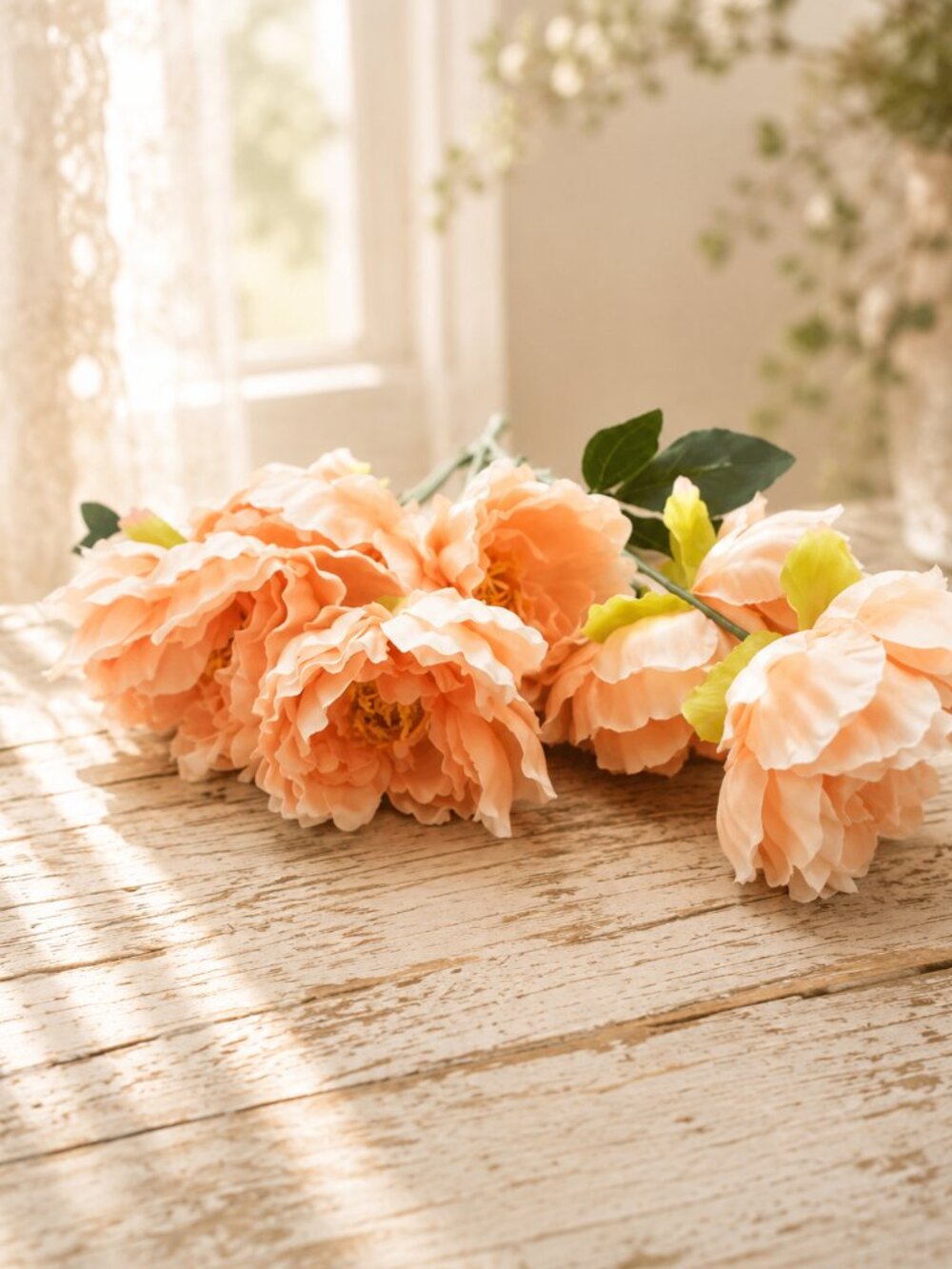 Coral Peach Faux Silk Peonies Bouquet Summer Home Decor